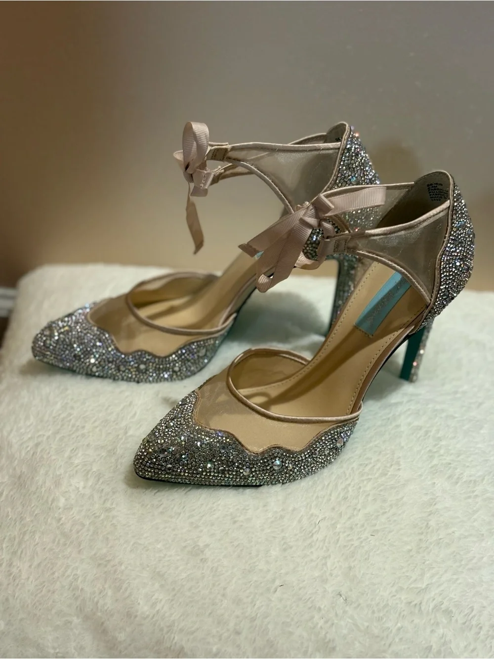 Betsey Johnson - Embellished Blush Pink Pointed-Toe Heels with Ankle Tie
